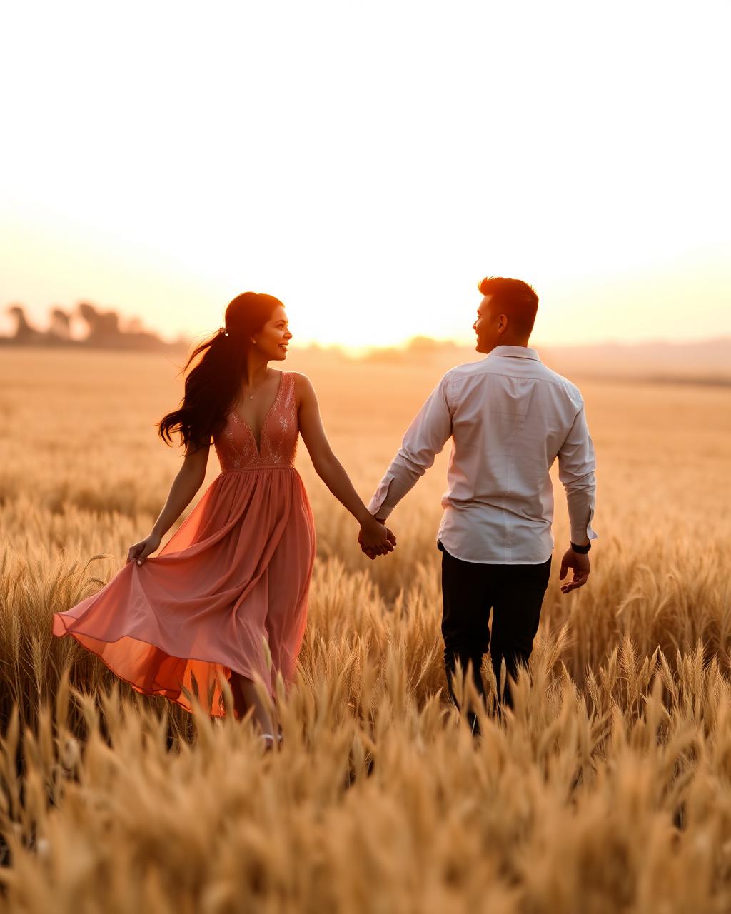 Walking through a golden field at sunset