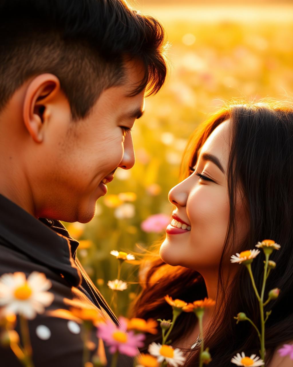 Foreheads together in a wildflower meadow