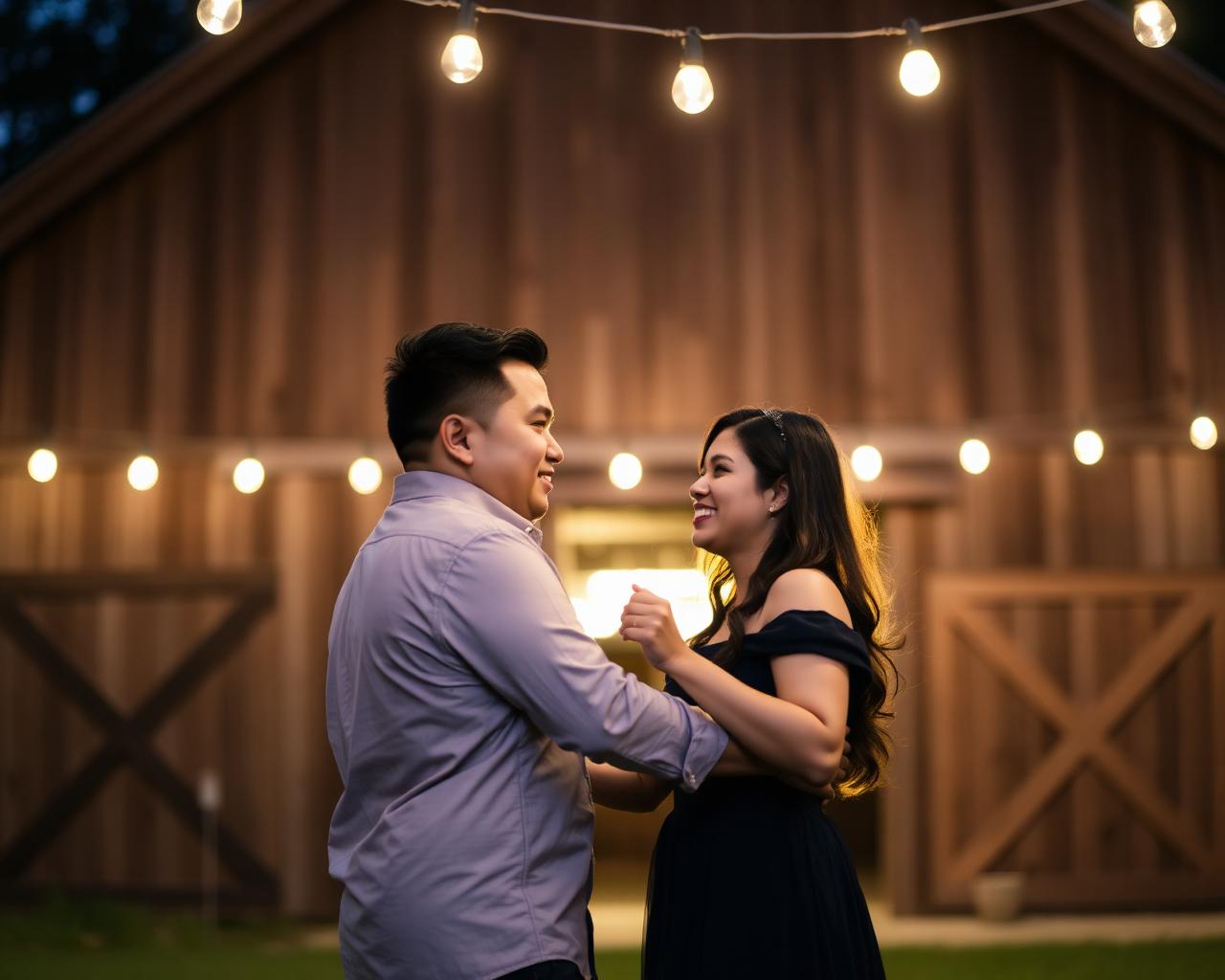 Dancing under string lights at dusk