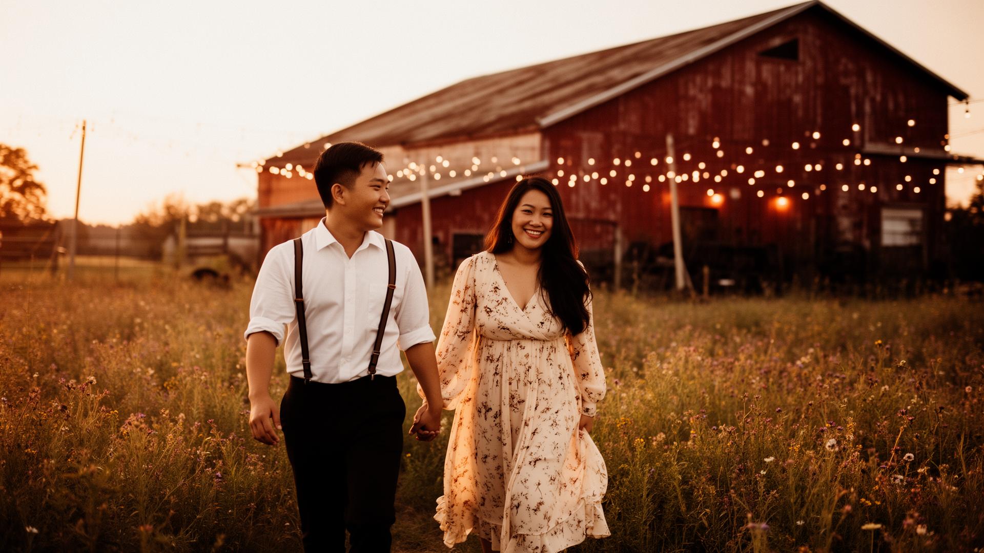 Andres and Clara walking through a wildflower field with a rustic barn behind them