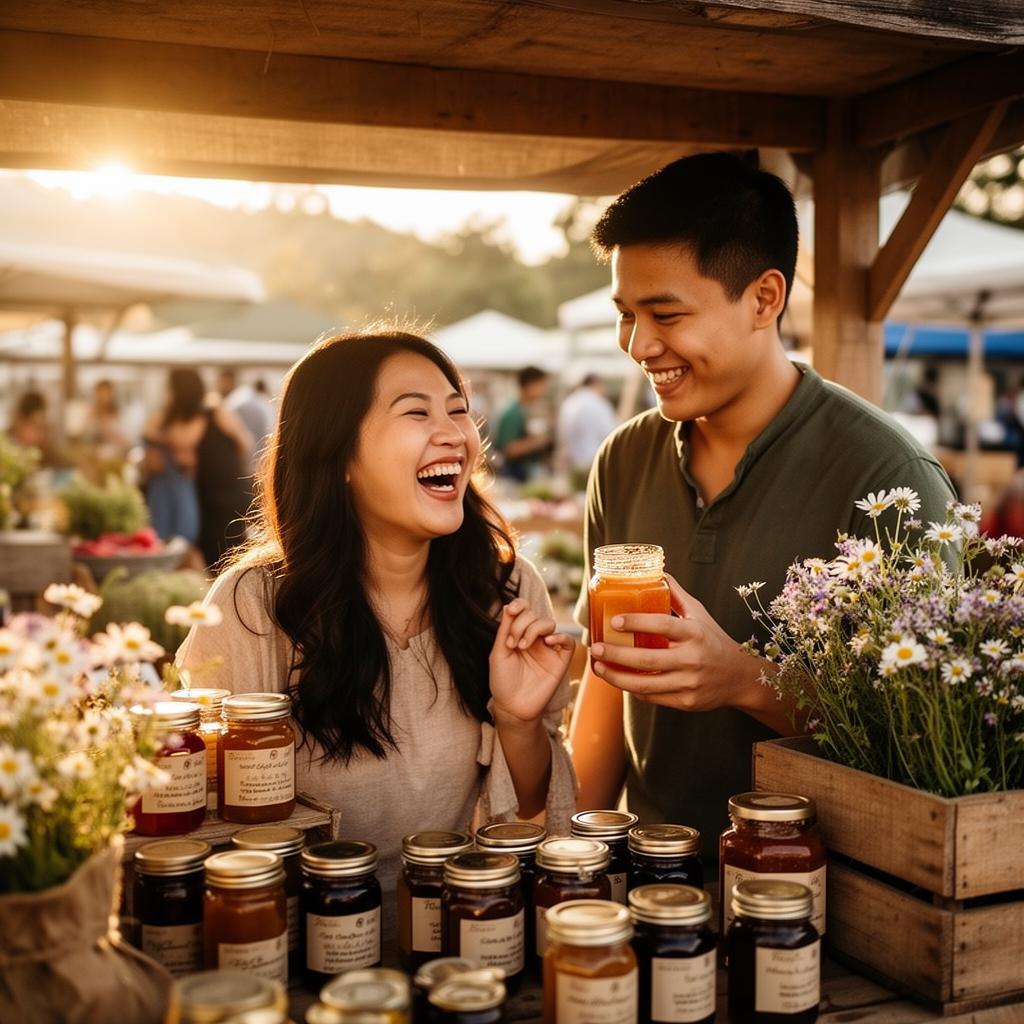 Andres and Clara laughing at a farmers market jam stall